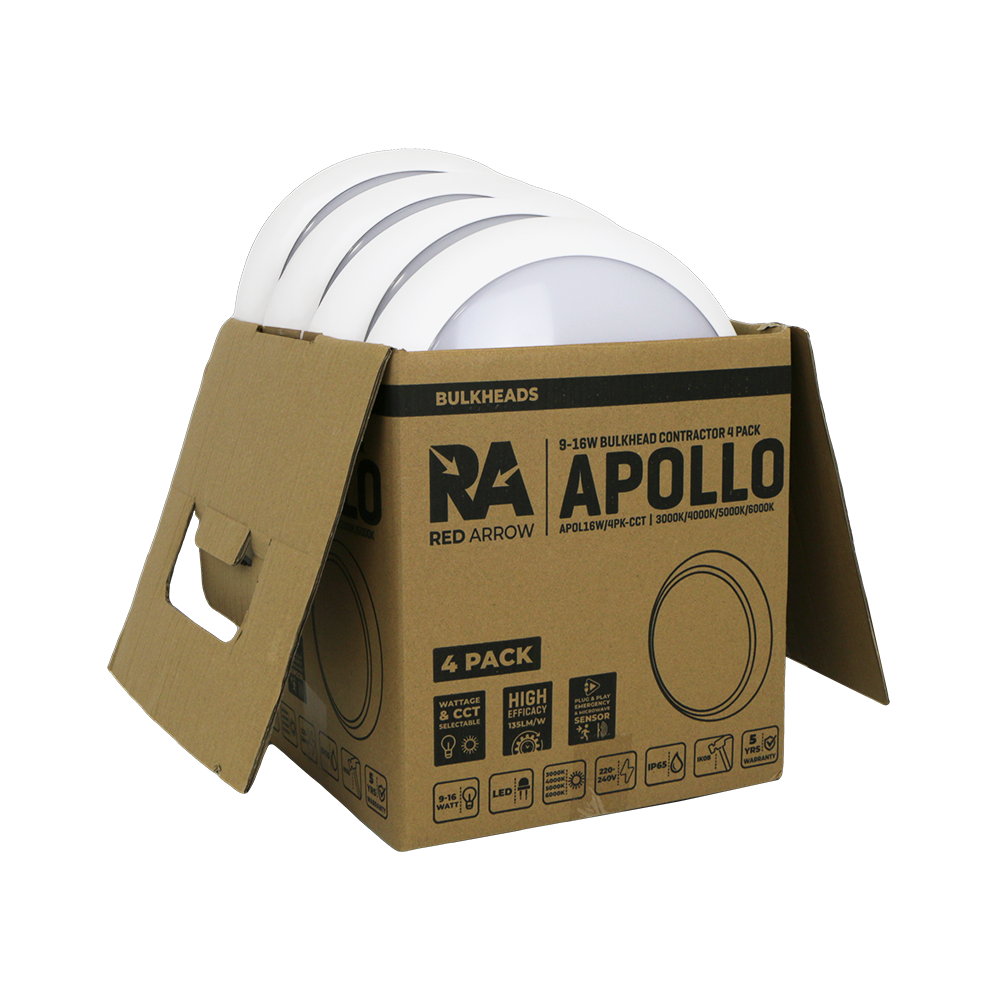 Red Arrow APOL16W/4PK-CCT Apollo Bulkhead Wht 4pc Contractor Pack 9/12/16W 3CCT 3/4/6K