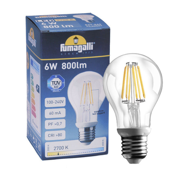 Fumagalli Asbac 6W E27 LED Filament Lamp 2700K 800lm H.LED.FIL.3K
