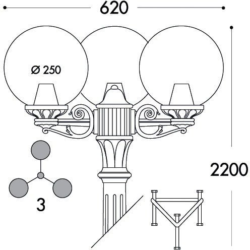 Fumagalli Asbac Globe 250 Gigi-Bisso 3x6W 3K LED Triple Head Post Black G25.156.S30.AX.F1R