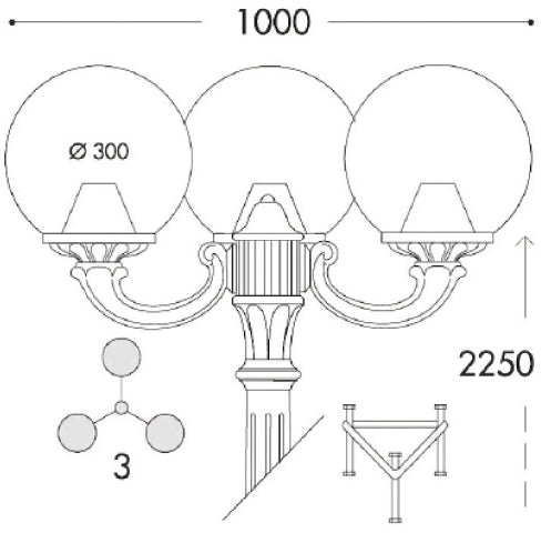 Fumagalli Asbac Globe 300 Ricu-Ofir 3x8W 3K LED Triple Head Post Black G30.157.R30.AX.M1R