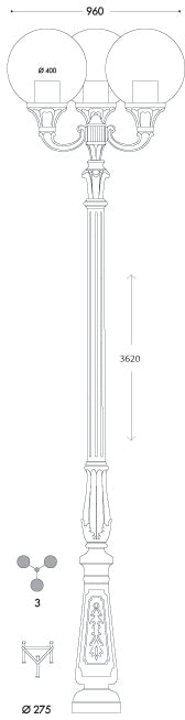 Fumagalli Asbac Globe 400 Tabor-Ofir 3x12W LED Triple Head Post Bk Opal G40.205.R30.AY.N1R