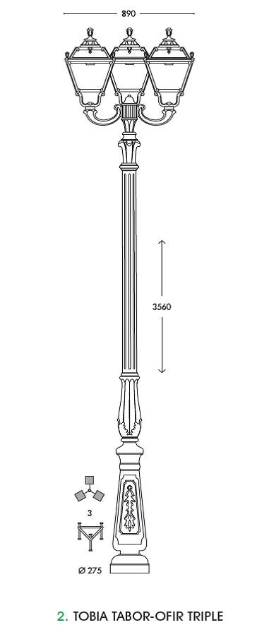Fumagalli Asbac Tobia Tabor-Ofir 40W LED Opal Triple Head Post Bk Assembled Q35.205.R30.AY.D4L.M