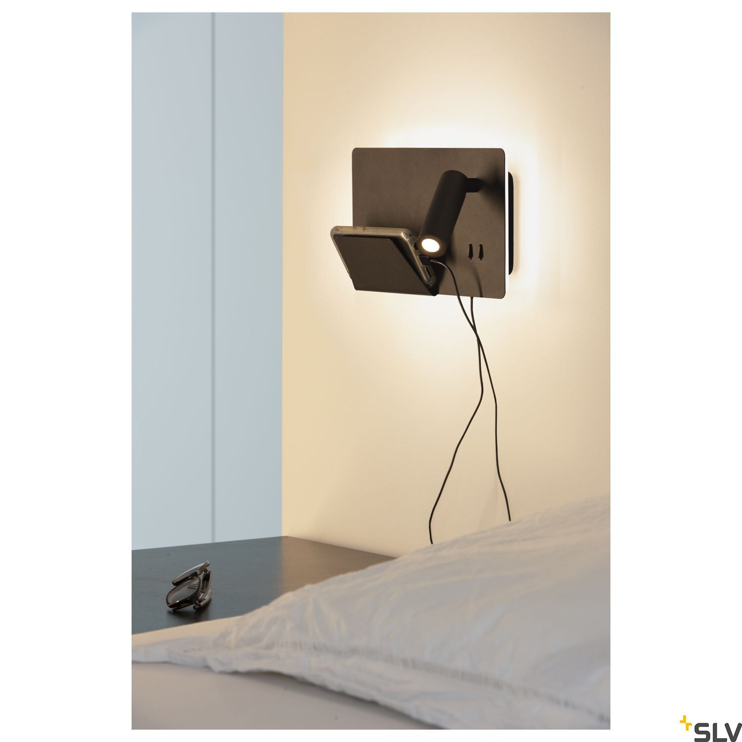 SLV SOMNILA SPOT indoor LED surface-mounted wall light 3000K black version left incl. USB connection 1003455