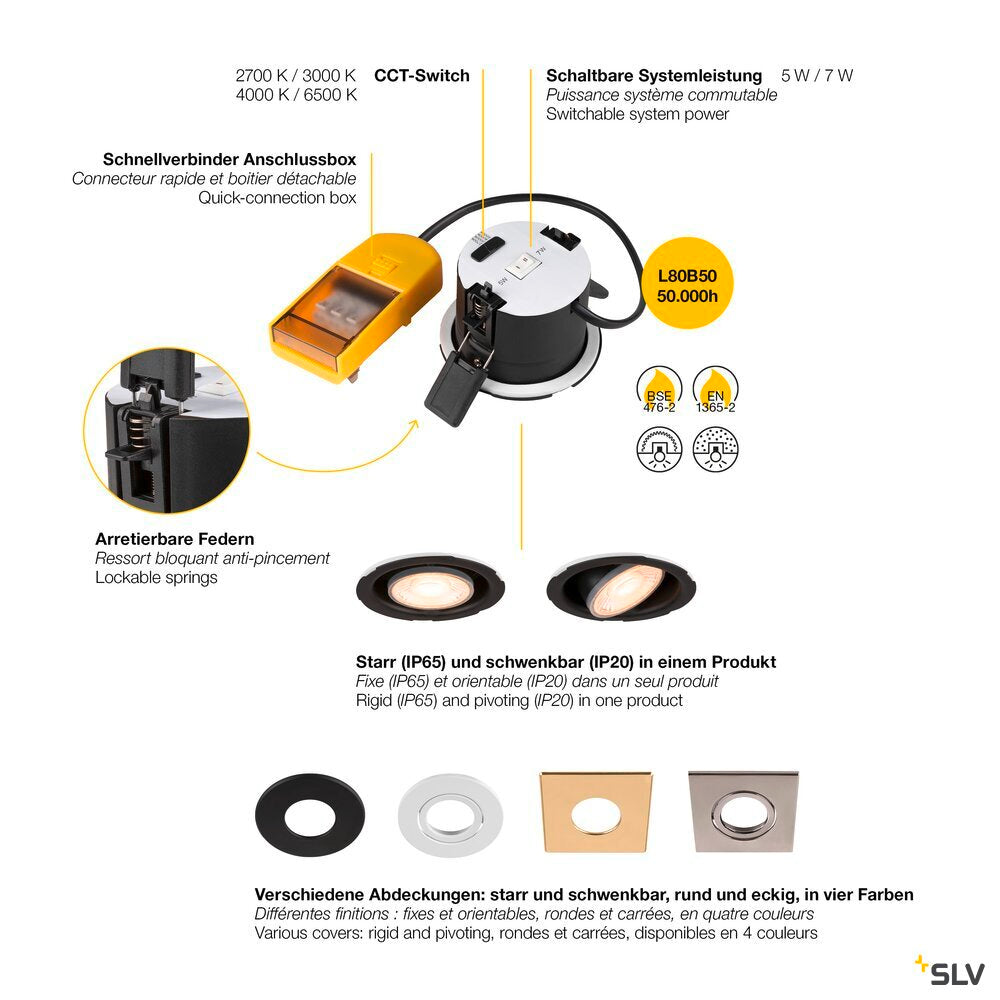SLV UNIVERSAL DOWNLIGHT PHASE recessed light, IP20, 5-7 W, fixed/pivoting, 2700/3000/4000/6500 K, 38°, without cover 1008065
