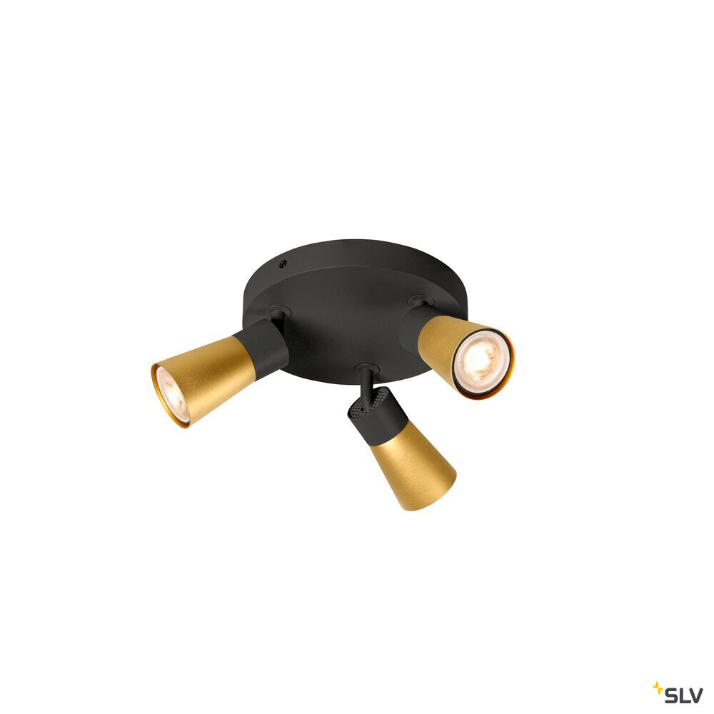 SLV PURI 2.0 Cone, wall and ceiling-mounted light, round, 3 x max. 6 W GU10, black / gold 1008337