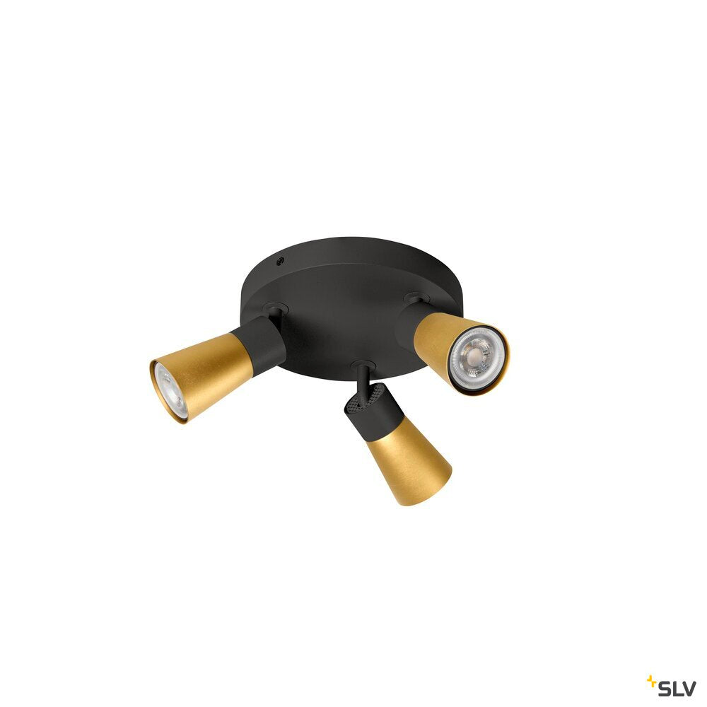SLV PURI 2.0 Cone, wall and ceiling-mounted light, round, 3 x max. 6 W GU10, black / gold 1008337