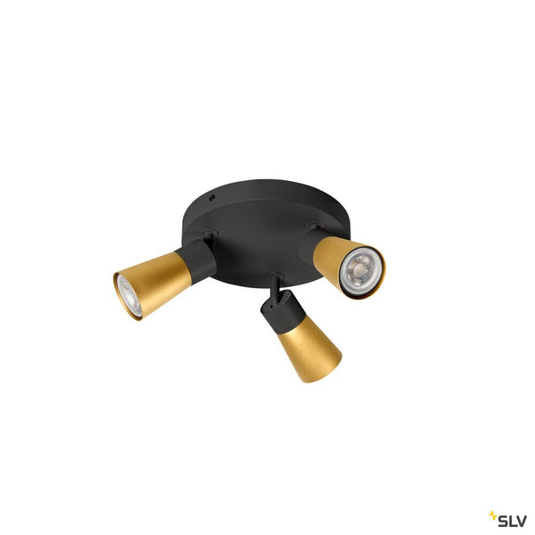 SLV PURI 2.0 Cone, wall and ceiling-mounted light, round, 3 x max. 6 W GU10, black / gold 1008337