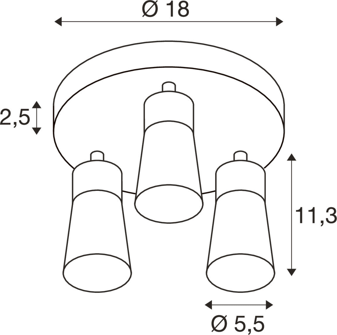 SLV PURI 2.0 Cone, wall and ceiling-mounted light, round, 3 x max. 6 W GU10, black / gold 1008337