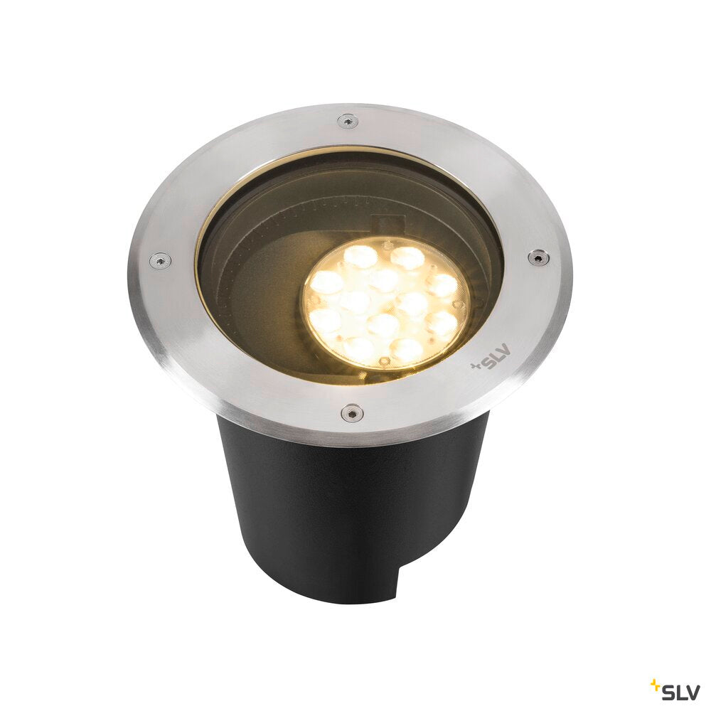 SLV DASAR® L, recessed floor light, asymmetrical, 3000K, 70°/40°, IP65/IP67, round, stainless steel / black 1009168