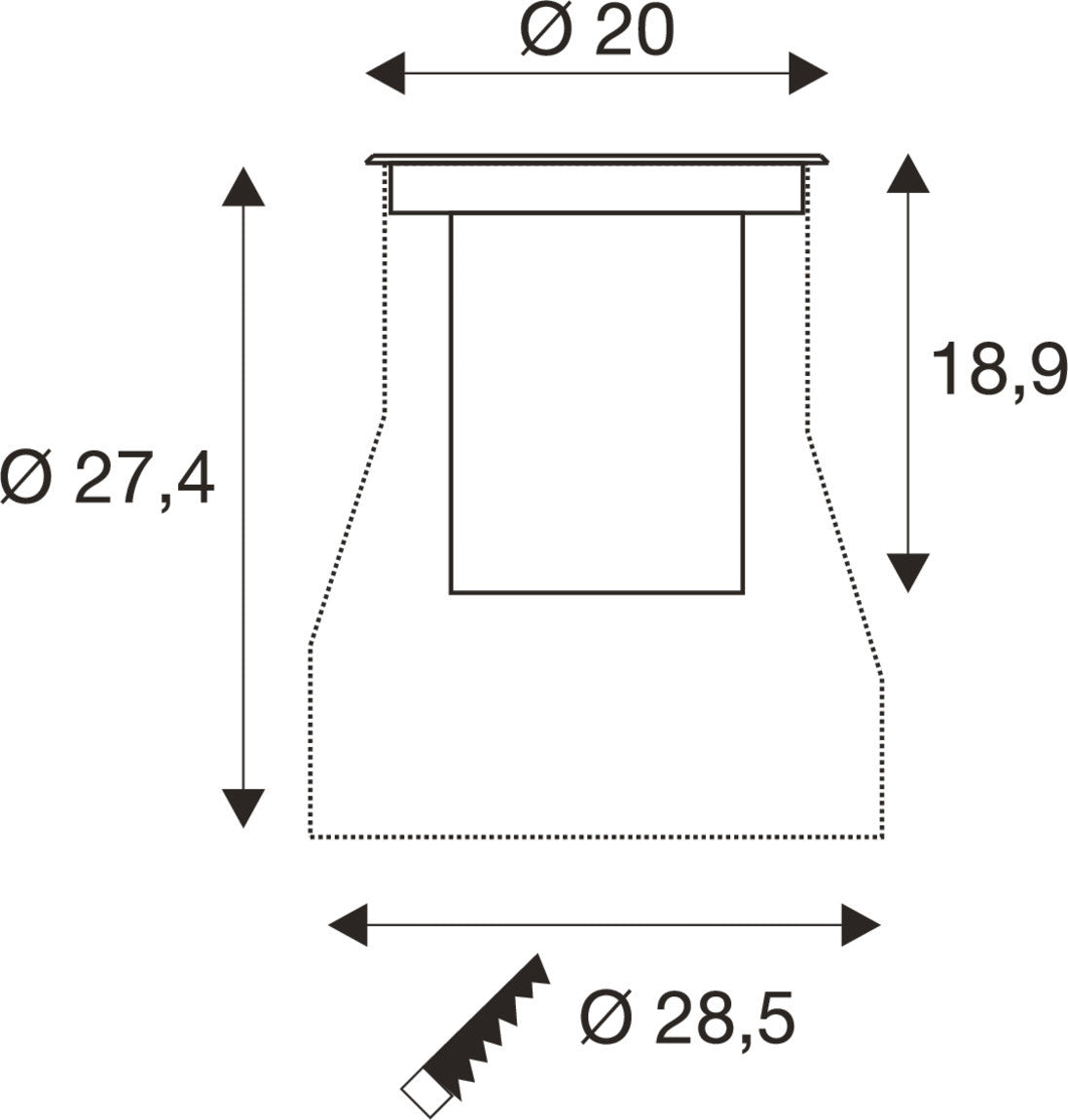 SLV DASAR® L, recessed floor light, asymmetrical, 3000K, 70°/40°, IP65/IP67, round, stainless steel / black 1009168