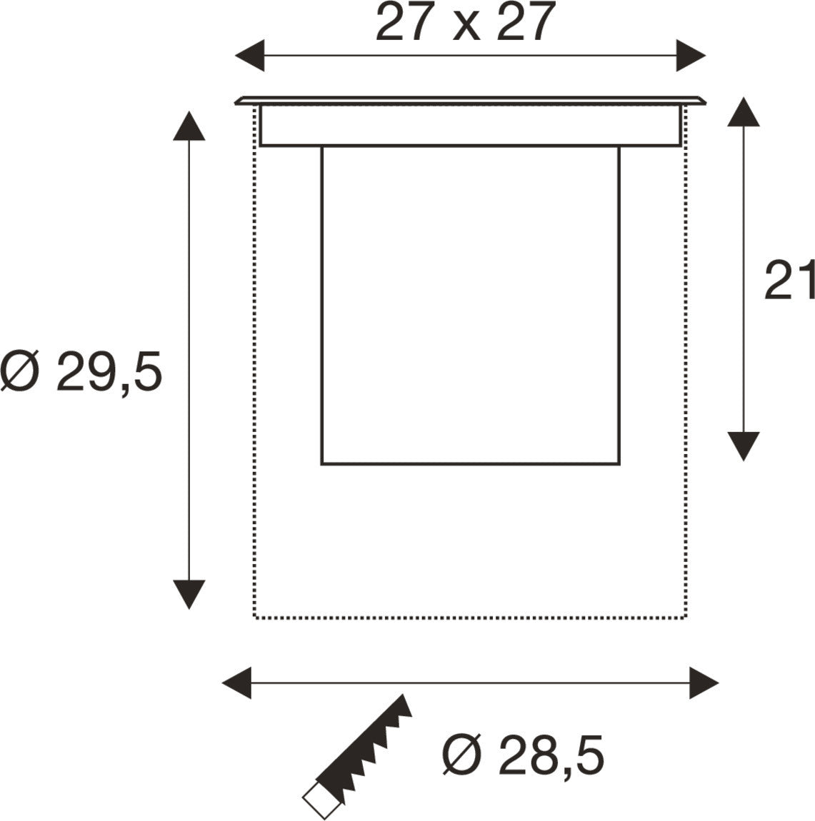 SLV DASAR® XL, recessed floor light, asymmetric, 3000K, 70°/40°, IP65/IP67, square, stainless steel / black 1009171