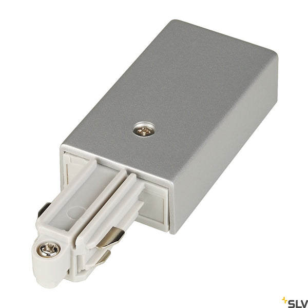 SLV Feed-in for 1-circuit track, surface-mounted, silver-grey, earth right 143042