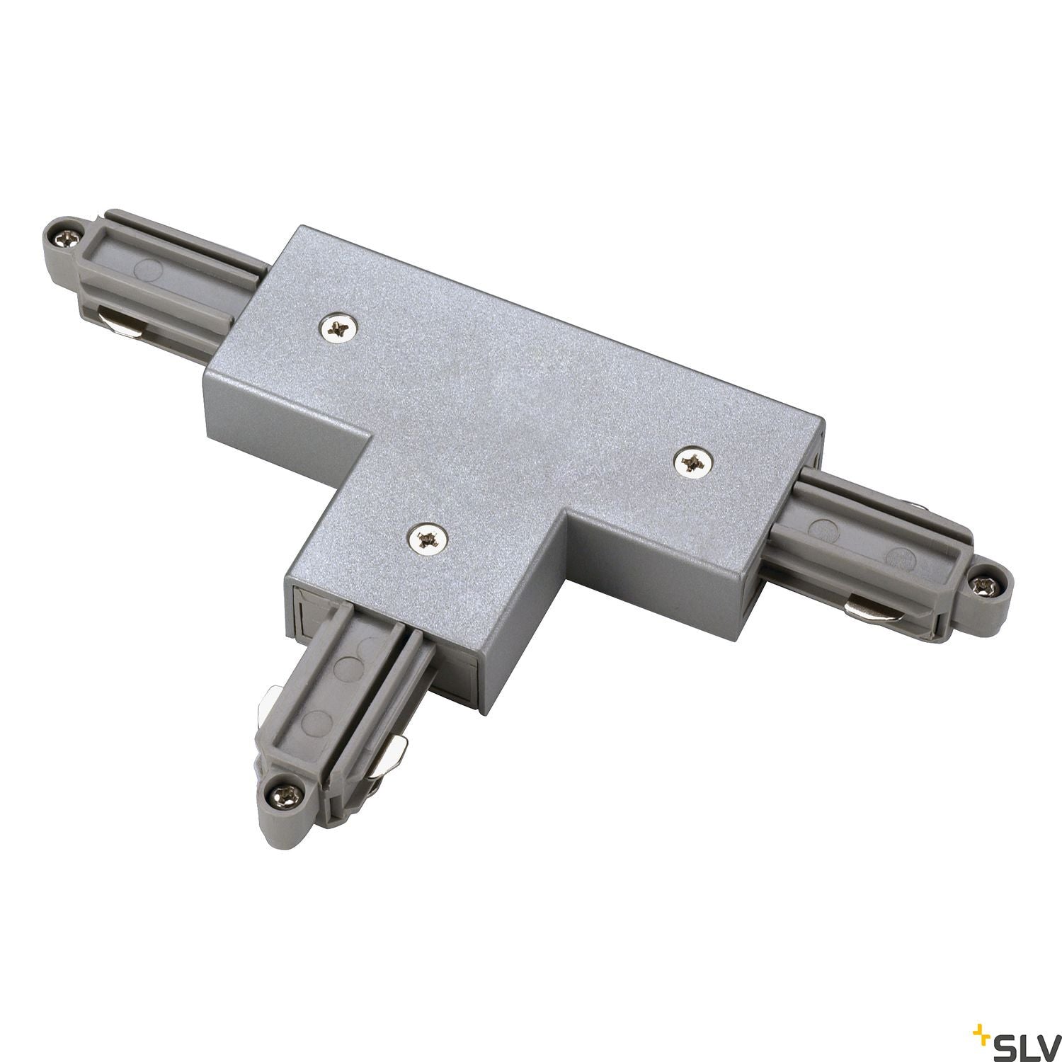 SLV T-connector for 1-circuit track, surface-mounted, silver-grey, earth left 143072